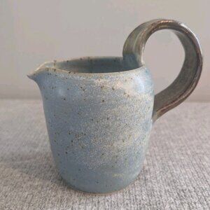 Speckled Blue/Green Pottery Pitcher with Salt Glaze, Handmade & Signed, 14cm/5"